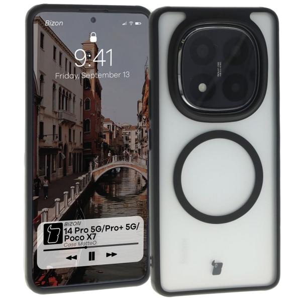 Etui z pierścieniem magnetycznym Bizon Case MatteO do Xiaomi Redmi Note 14 Pro 5G / 14 Pro Plus 5G / Poco X7, półprzezroczyste z czarną ramką