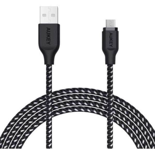 Kabel nylonowy Aukey USB-A do MicroUSB 2.0, QC, 12W, 2m, czarno-biały