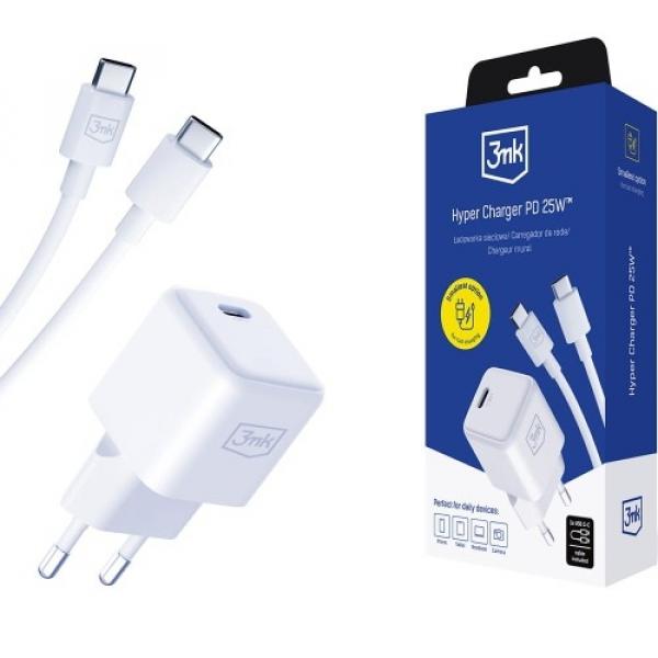 Ładowarka sieciowa 3mk Hyper Charger PD 25W, 1x USB-C, QC, PPS + kabel USB-C, biała