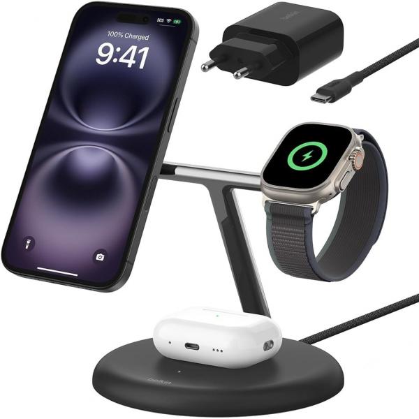 Ładowarka indukcyjna Belkin Boost Pro 3-in-1 Qi2 15W dla Apple Watch / AirPods / iPhone z MagSafe +PSU WIZ023, czarna