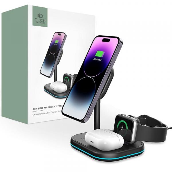OUTLET: Ładowarka indukcyjna Tech-Protect Qi15W A27 3w1 Magnetic Magsafe Wireless Charger, czarna