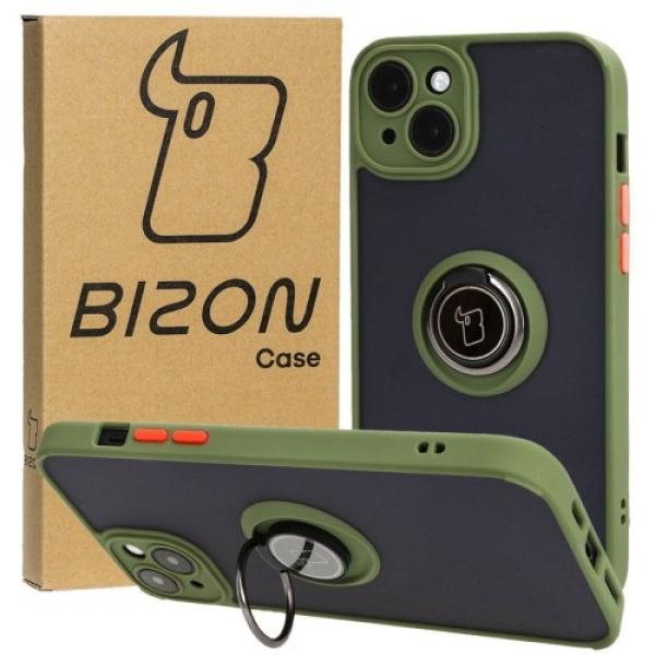 Etui z uchwytem na palec Bizon Case Hybrid Ring do iPhone 15 Plus, przydymione z zieloną ramką