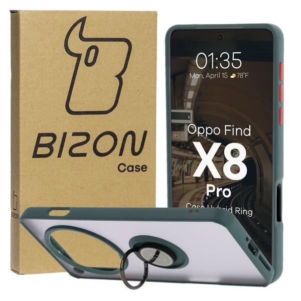 Etui z uchwytem na palec Bizon Case Hybrid Ring do Oppo Find X8 Pro, przydymione z ciemnozieloną ramką