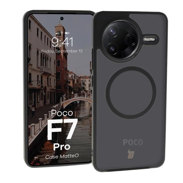 Etui z pierścieniem magnetycznym Bizon Case MatteO do Xiaomi Poco F7 Pro, przydymione-czarne