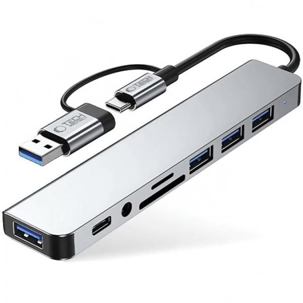 Hub, adapter Tech-Protect HB06, 8w1 4x USB-A, 1x USB-C, Minijack 3.5mm, Czytnik kart SD / TF, szary
