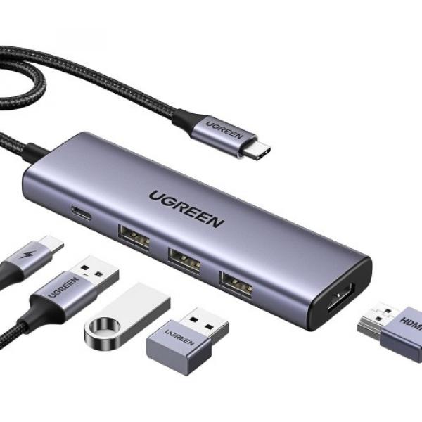 HUB 5w1 Ugreen 3x USB 3.2 Gen 1, USB-C, HDMI 4K 30Hz, z portem zasilania USB-C, szary