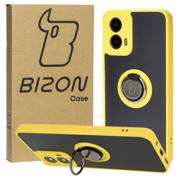 Etui z uchwytem na palec Bizon Case Hybrid Ring do Motorola Moto G34 5G, przydymione z żółtą ramką