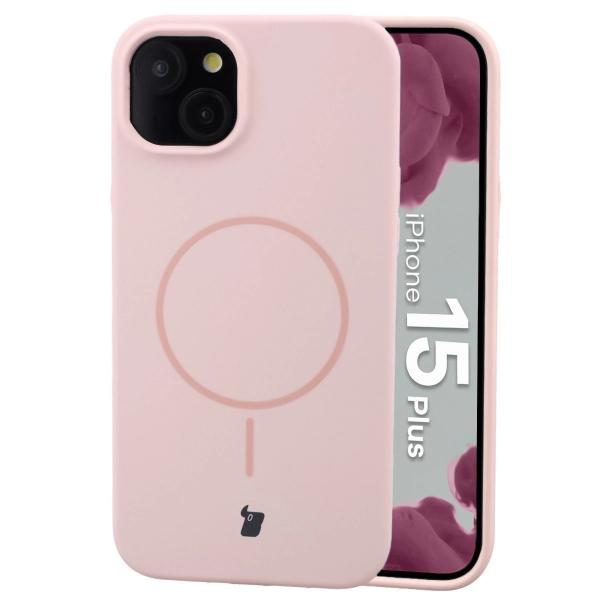 Silikonowe etui z pierścieniem magnetycznym Bizon Soft Case Magnetic do iPhone 15 Plus, jasnoróżowe