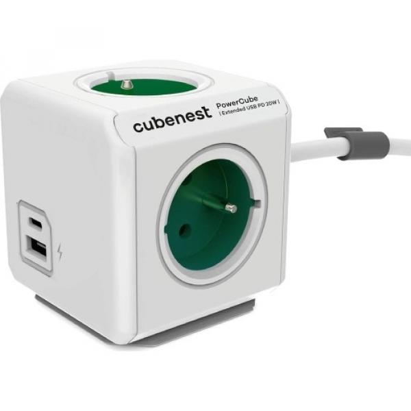 Listwa zasilająca/ przedłużacz Cubenest PowerCube Extended USB-A, USB-C, PD 20W wraz z 1,5 m przedłużaczem, zielona