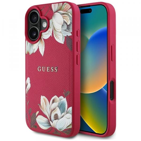 Etui Guess Grained Flower Pattern do MagSafe do iPhone 16, fuksja z kwiecistym wzorem