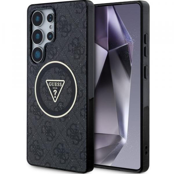 Etui Guess 4G Glitter Triangle Buttons MagSafe do Galaxy S25 Ultra, czarne