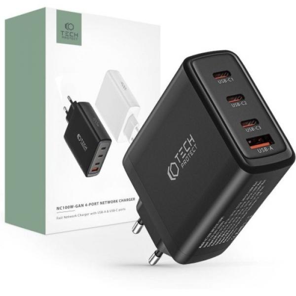 Ładowarka sieciowa Tech-Protect NC100W-GAN 4-PORT QC 3.0 Network 100W USB-C, USB-A, PD, czarna