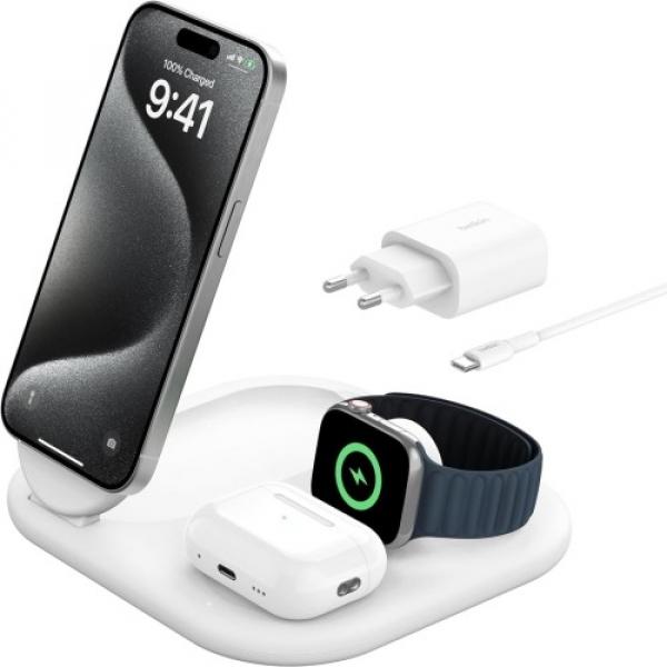 Ładowarka indukcyjna Belkin Boost Foldable 3w1 Qi2 15W WIZ029 dla iPhone z MagSafe / Apple Watch / AirPods, biała