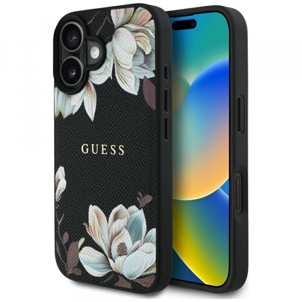 OUTLET: Etui Guess Grained Flower Pattern do MagSafe do iPhone 16, czarne z kwiecistym wzorem