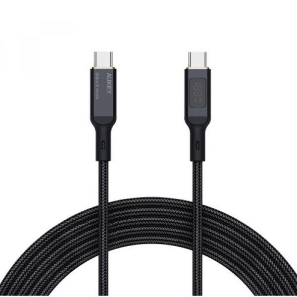 Kabel z wyświetlaczem Aukey USB-C do USB-C, PD, 100W, 40 MB/s, 1,8m, czarny