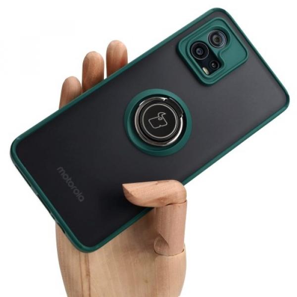 Etui z uchwytem na palec Bizon Case Hybrid Ring do Motorola Moto G72, przydymione z ciemnozieloną ramką