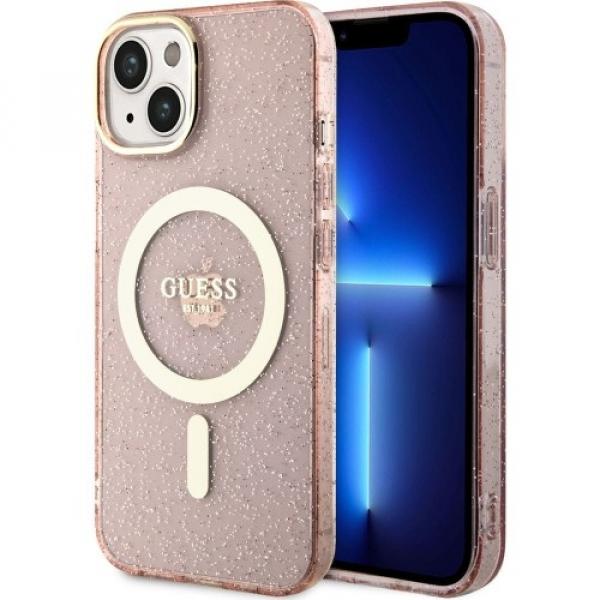 Etui Guess hardcase Glitter Gold MagSafe do iPhone 14 Plus, różowe