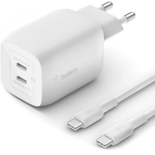 Ładowarka sieciowa Belkin Boost Pro Wall Dual USB-C PD 3.0 PPS GaN 65W + kabel USB-C/USB-C 2m, biała