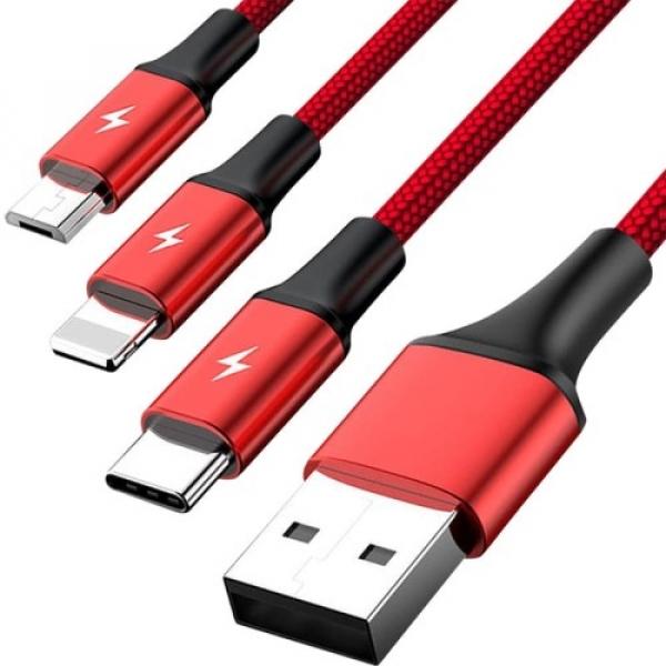 Kabel Unitek 3w1 USB-A do USB-C / Lightning / MicroUSB 2.4A, 1,2m, czerwony