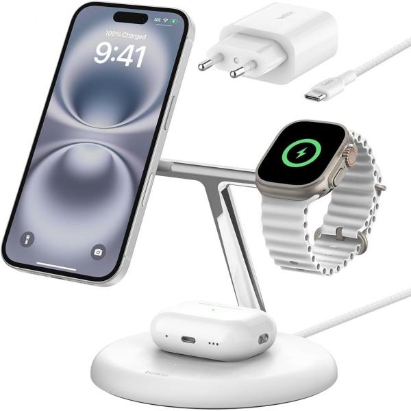 Ładowarka indukcyjna Belkin Boost Pro 3-in-1 Qi2 15W dla Apple Watch / AirPods / iPhone z MagSafe +PSU WIZ023, biała