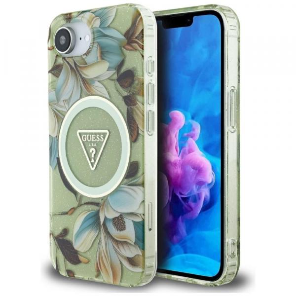 Etui Guess Glitter Flowers Triangle Buttons do MagSafe do iPhone 16e, zielone z kwiecistym wzorem