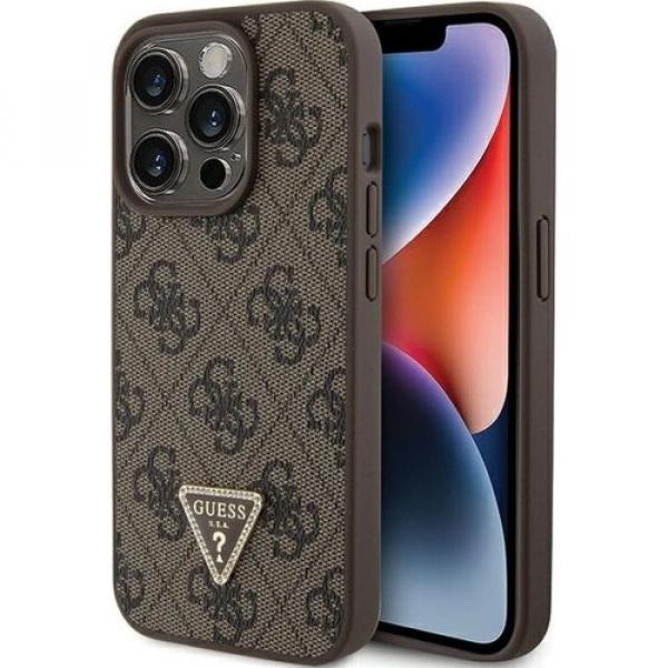 Etui Guess HardCase Leather 4G Triangle Strass do iPhone 15 Pro, brązowe