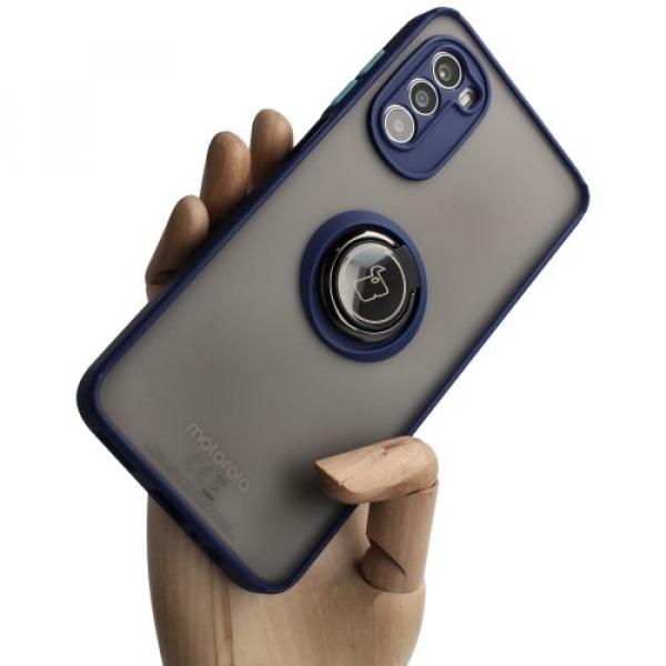 Etui z uchwytem na palec Bizon Case Hybrid Ring do Motorola Moto G52 / G82, przydymione z granatową ramką