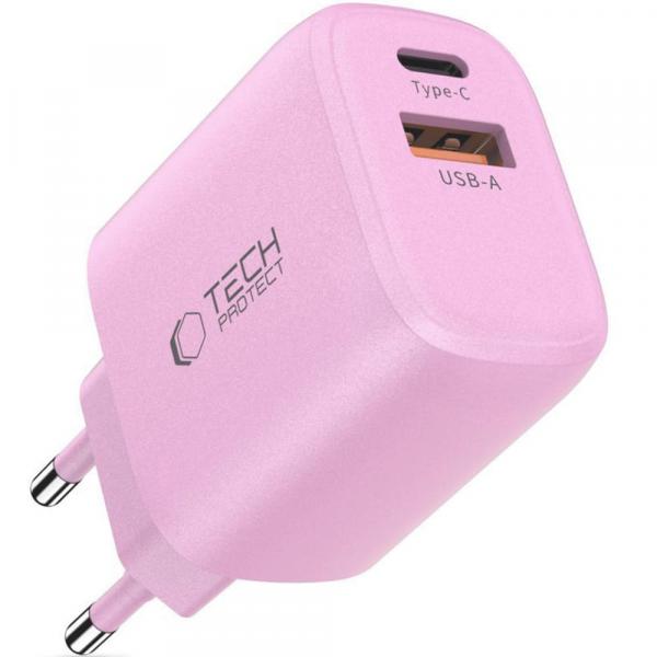 Ładowarka sieciowa Tech-Protect NCA30 2-PORT NETWORK 30W USB-C PD, USB-A QC 3.0, różowa