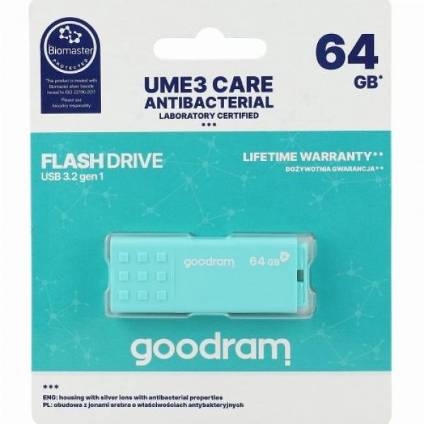 Pendrive USB-A 3.2 Gen 1, Goodram UME3 Care 64GB, 60MB/s, turkusowy