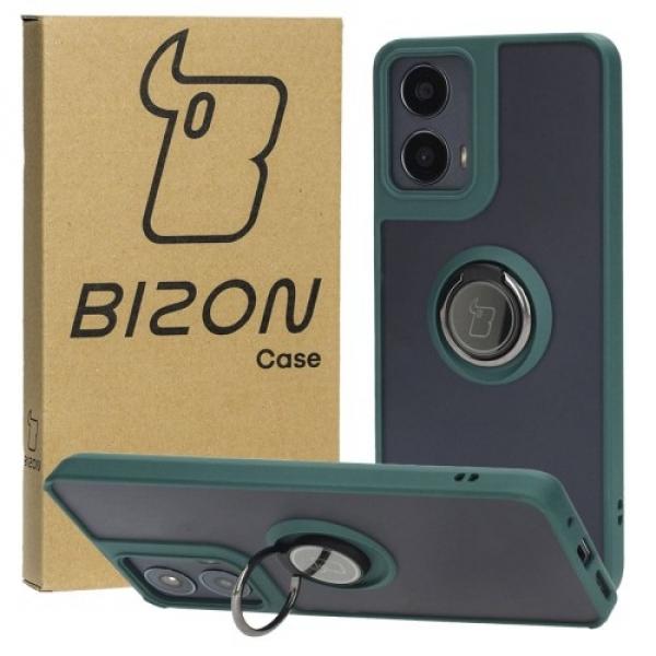 Etui z uchwytem na palec Bizon Case Hybrid Ring do Motorola Moto G04 / G24 / G24 Power, przydymione z ciemnozieloną ramką