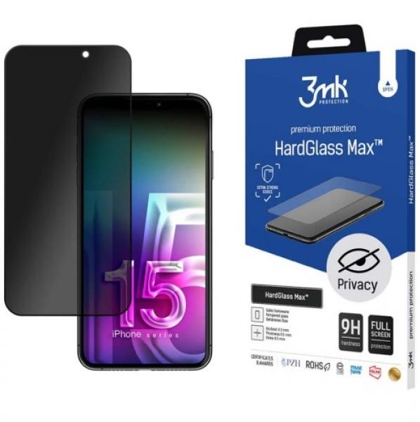 Szkło prywatyzujące 3mk HardGlass Max Privacy do iPhone 15, czarna ramka