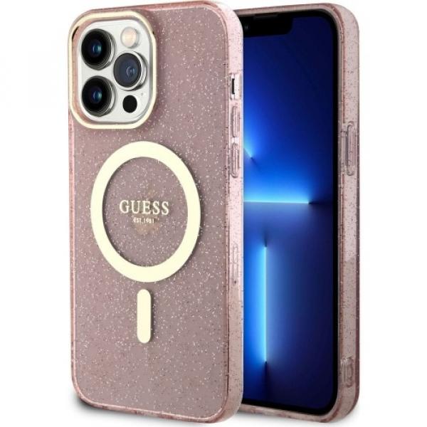 Etui Guess hardcase Glitter Gold MagSafe do iPhone 14 Pro Max, różowe