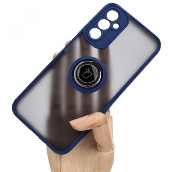 Etui z uchwytem na palec Bizon Case Hybrid Ring do Galaxy A14 4G / 5G, przydymione z granatową ramką