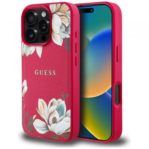 Etui Guess Grained Flower Pattern do MagSafe do iPhone 16 Pro Max, fuksja z kwiecistym wzorem