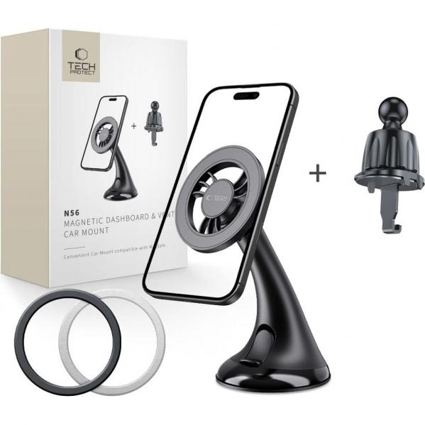 Uchwyt samochodowy, magnetyczny do kratki nawiewu / deski rozdzielczej / szyby do MagSafe Tech-Protect N56, czarny