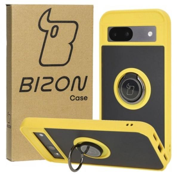 Etui z uchwytem na palec Bizon Case Hybrid Ring do Google Pixel 8a, przydymione z żółtą ramką