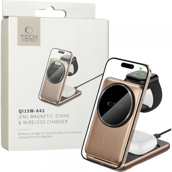 Ładowarka indukcyjna Tech-Protect Qi15W A42 3w1 Magnetic Stand and Wireless Charger do MagSafe, Qi, złota