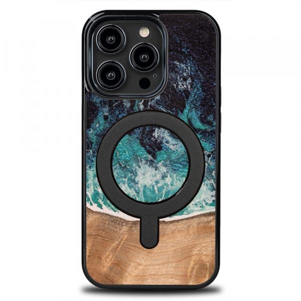 Drewniane etui do iPhone 14 Pro, Bewood Unique Dream Island do MagSafe, niebiesko-brązowe