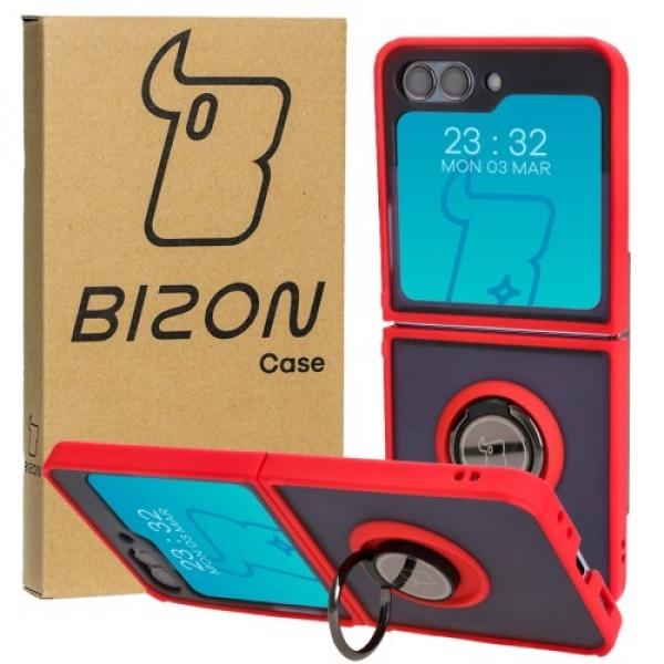 Etui z uchwytem na palec Bizon Case Hybrid Ring do Galaxy Z Flip5, przydymione z czerwoną ramką