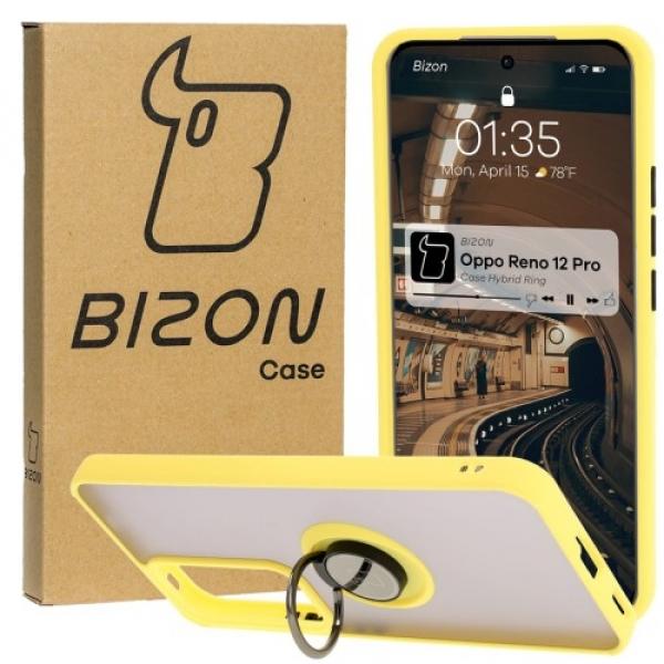 Etui z uchwytem na palec Bizon Case Hybrid Ring do Oppo Reno 12 Pro, przydymione z żółtą ramką