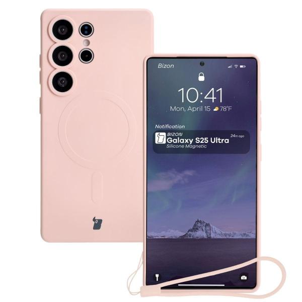 Silikonowe etui z pierścieniem magnetycznym Bizon Case Silicone Magnetic do Galaxy S25 Ultra, jasnoróżowe