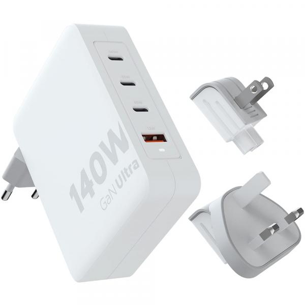 Ładowarka sieciowa, turystyczna Xtorm Travel Charger 140W, 3x USB-C, USB-A, GaN z adapterami EU / UK / US + kabel USB-C, biała