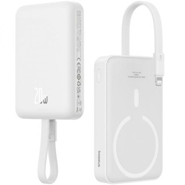 Powerbank indukcyjny Qi, z wbudowanym kablem lightning, USB-C, Baseus Magnetic Mini, do MagSafe, 10 000mAh, 20W, biały