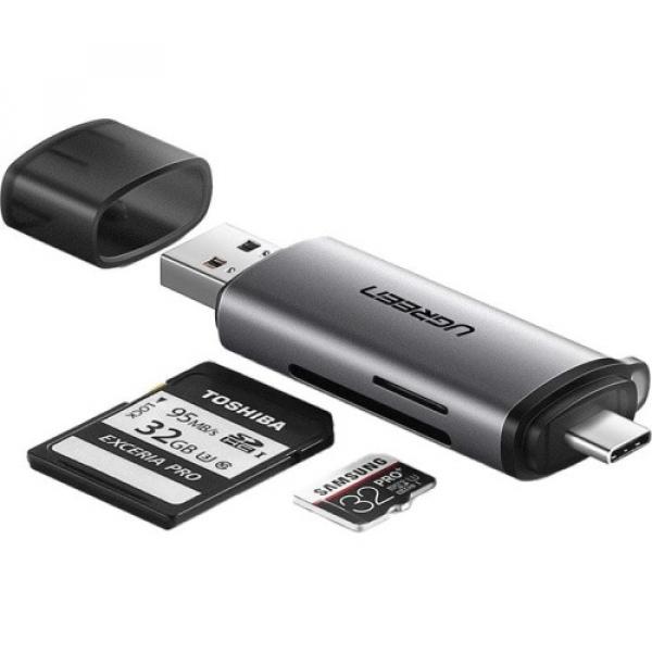 Adapter, czytnik kart SD / microSD na USB 3.0 i USB-C Ugreen, szary