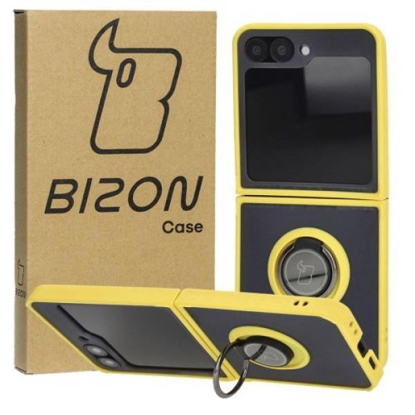 Etui z uchwytem na palec Bizon Case Hybrid Ring do Galaxy Z Flip6, przydymione z żółtą ramką