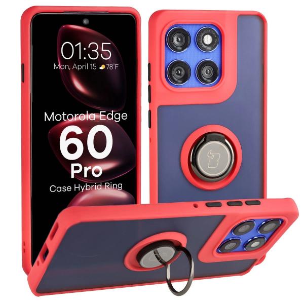 Etui z uchwytem na palec Bizon Case Hybrid Ring do Motorola Edge 60 Pro, przydymione z czerwoną ramką