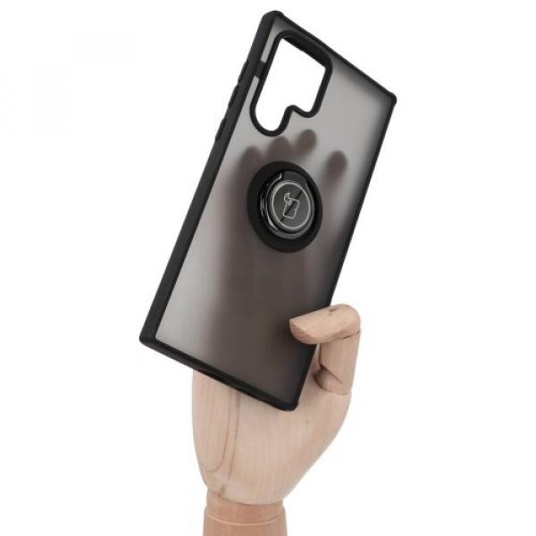 Etui z uchwytem na palec Bizon Case Hybrid Ring do Galaxy S22 Ultra, przydymione z czarną ramką