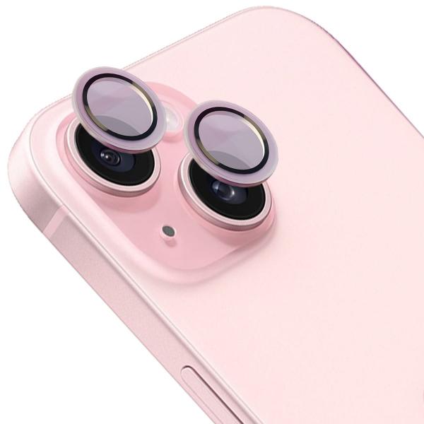 Szkło hartowane na aparat Bizon Glass Snap Lens do iPhone 15/15 Plus, 1 zestaw, jasnoróżowa ramka