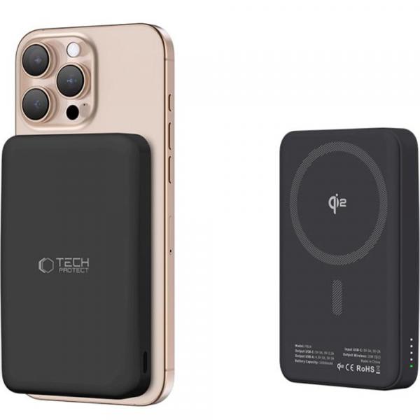 Powerbank indukcyjny Tech-Protect LifeMag Qi2 PB24 do MagSafe, 1x USB-A/USB-C, 15W, 10000mAh + kabel USB-C, czarny