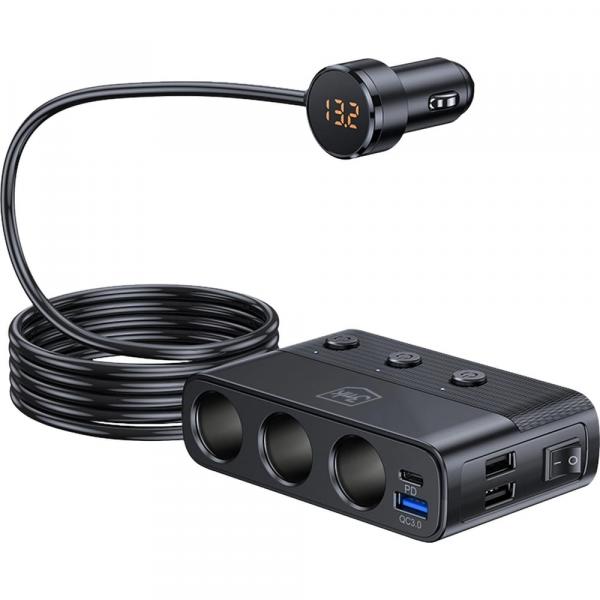 Ładowarka samochodowa z rozgałęźnikiem 3mk Car Power Splitter 120W, 1x USB-C PD / 3x USB-A / 3x gniazdo 12-24V, czarna